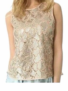 Rebecca Taylor Sleeveless Peach & Silver Sequin Demi Peplum Silk Top Size 8